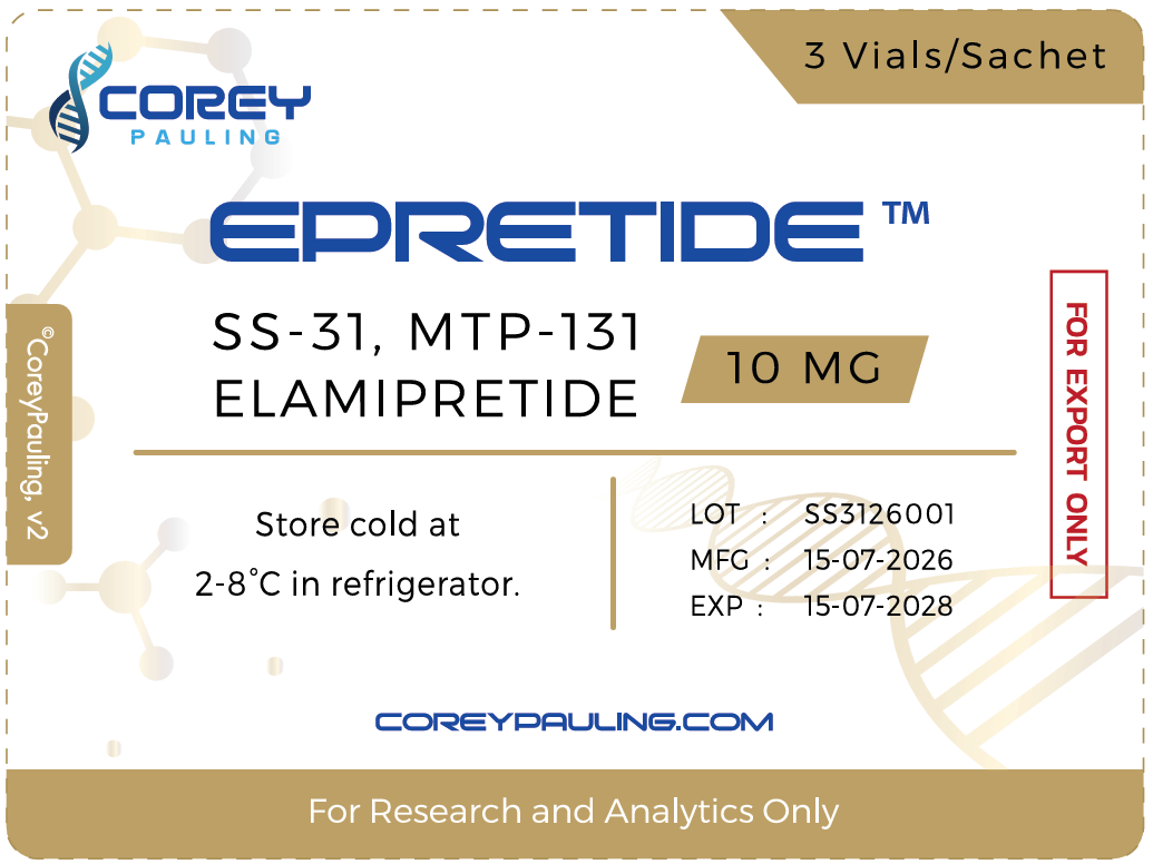 Epretide elamipretide SS-31 10 mg sachet label, 3 vials per sachet